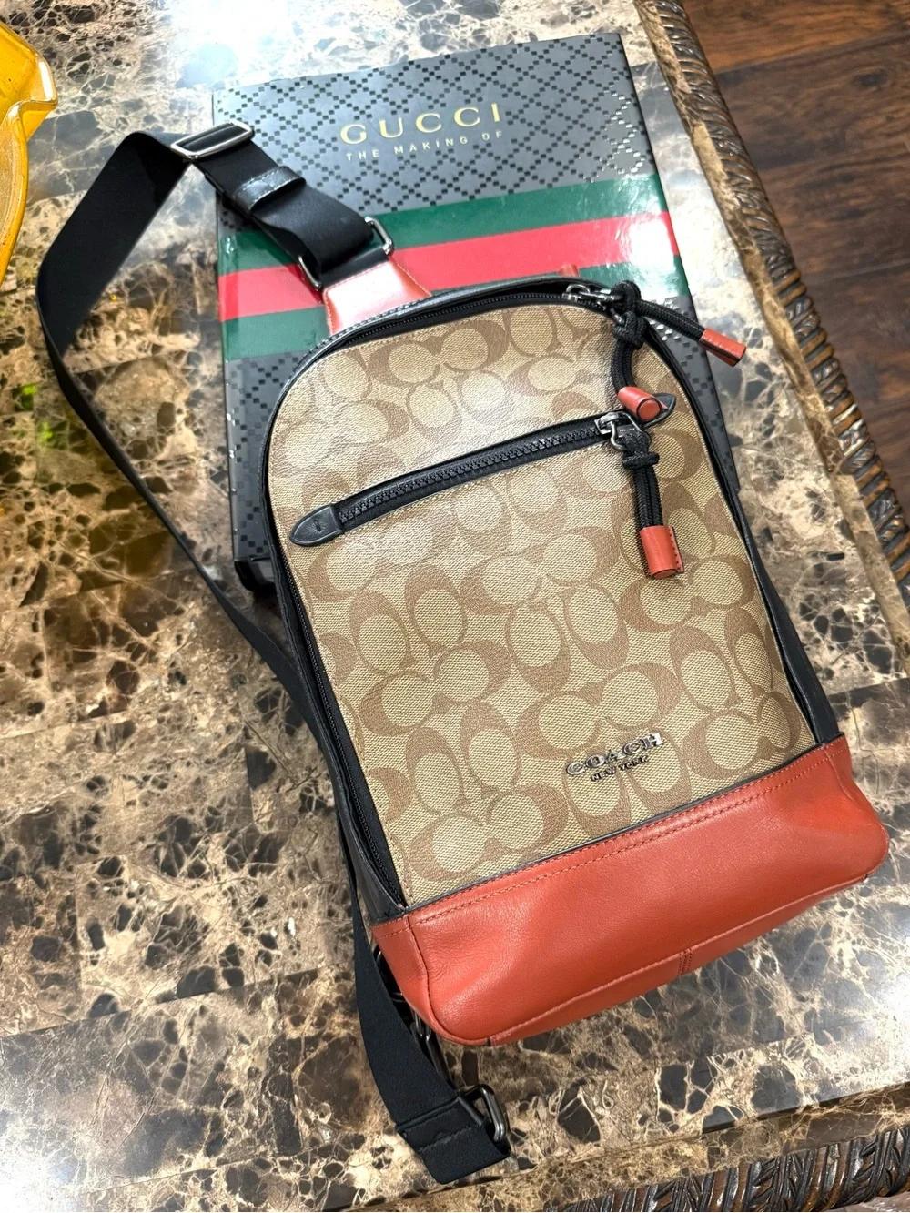 Coach Signature Canvas Sling Pack Crossbody Backpack Khaki Black Saddle F87820 🔥